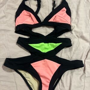 Agent Provocateur Black, Pink, and Green Cutout Swimsuit